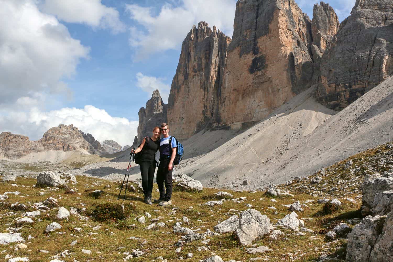 Me and Michal by the Tre Cime de Lavaredo mountains in Dolomites Italy during our hike