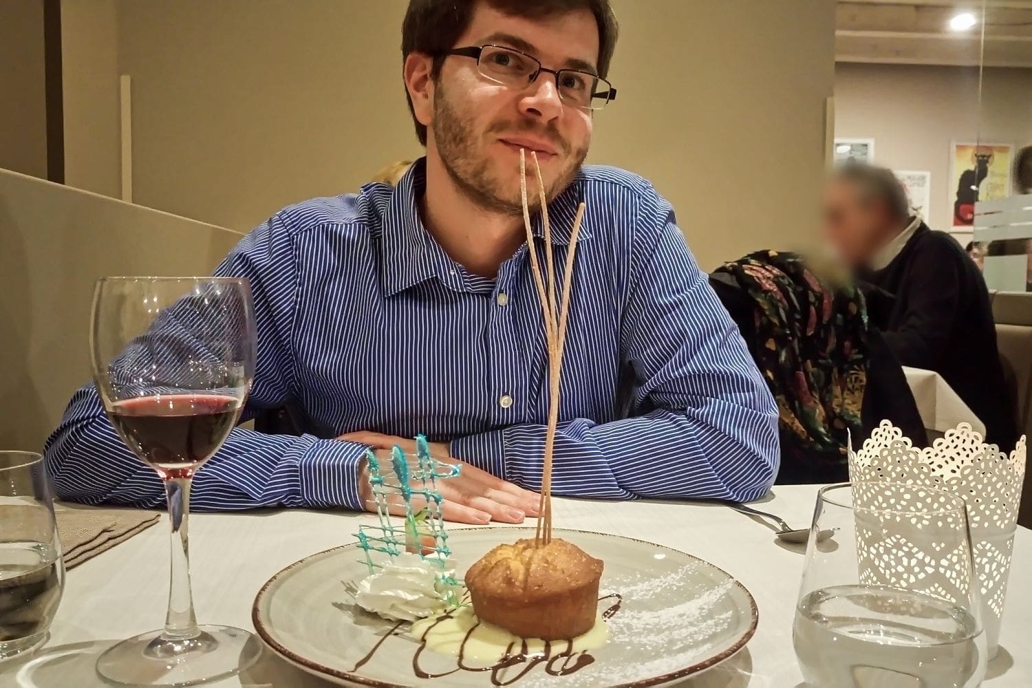 Michal having a dessert and wine in restaurant la pagoda di eolo in sarnico