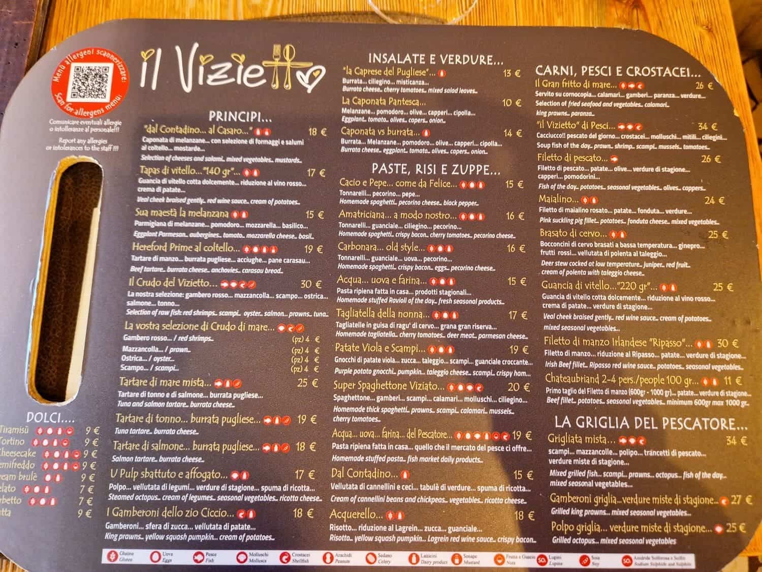 menu of restaurant il vizietto in cortina dolomites