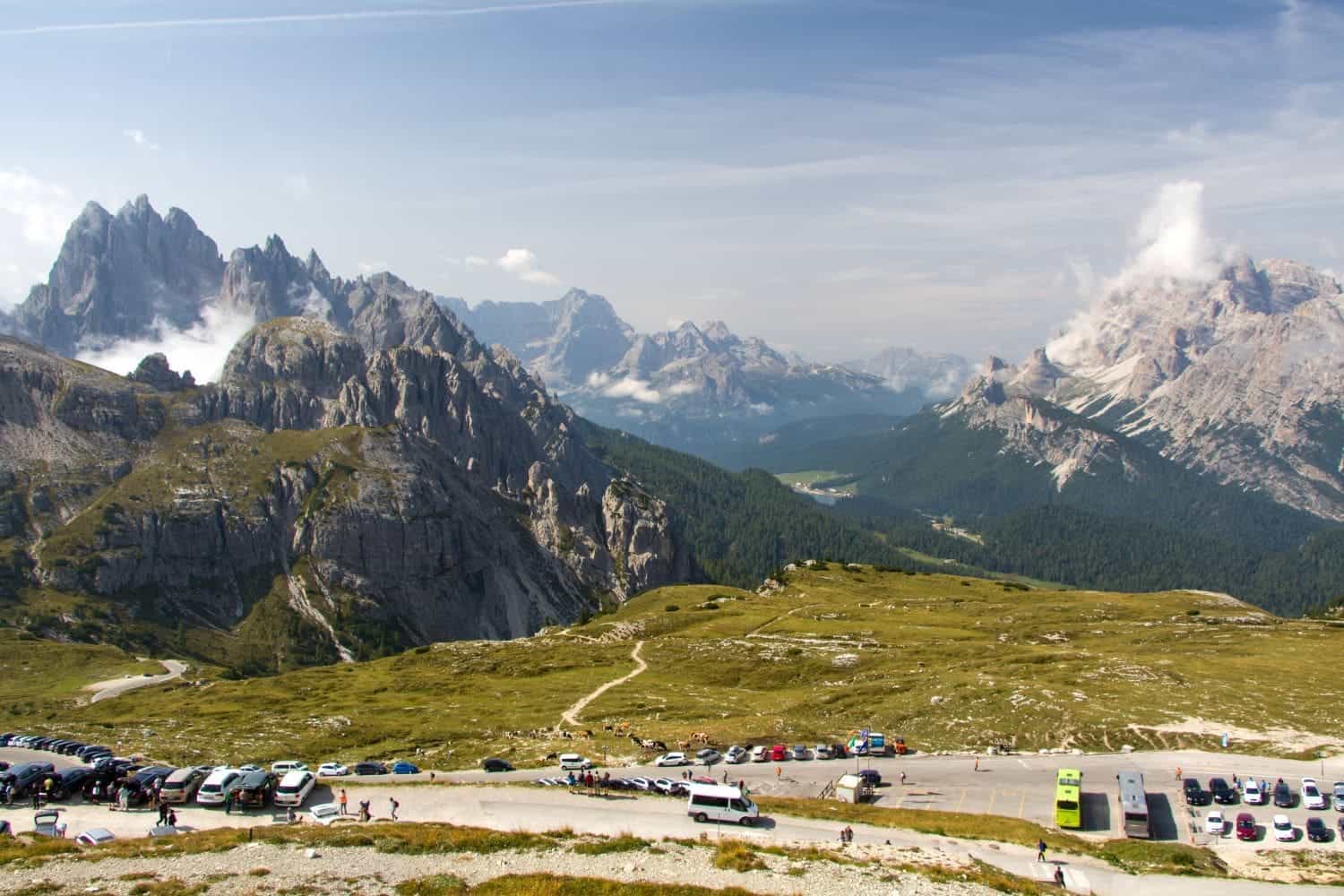 cadini di misurina mountains and rifugio alfonso parking lot in the dolomites