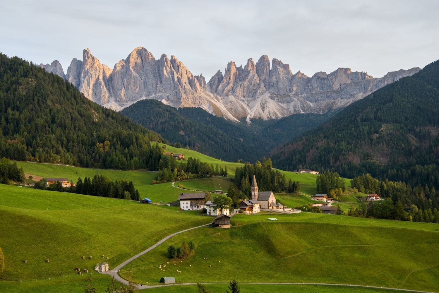 santa magdalena odle geisler peaks view in the dolomites with rosy  mountains in the background and a church in the middle