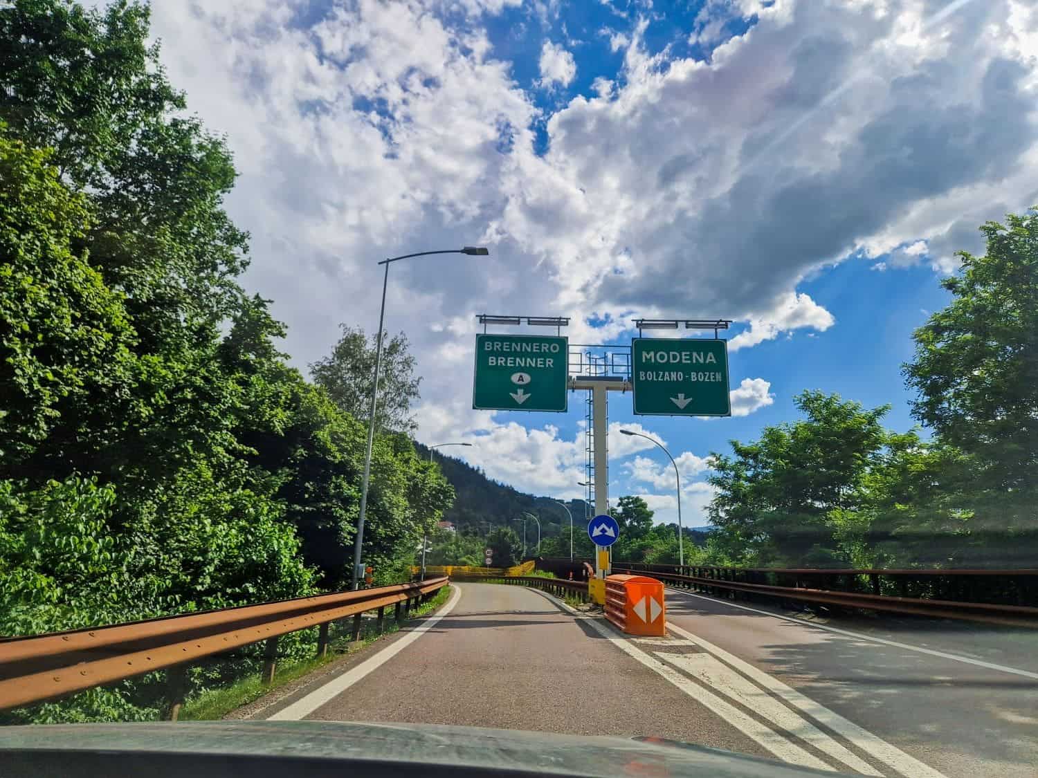 road splitting on an italian toll road - one going to brennero and austria and the other to bolzano and modena