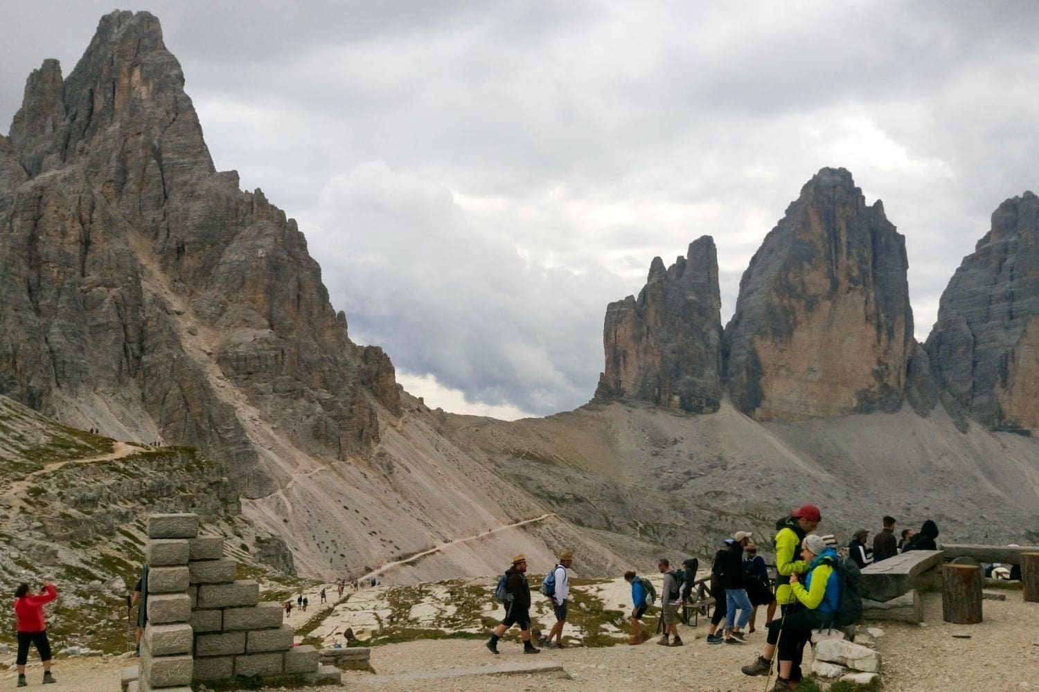 tre cime di lavaredo in august from rifugio locatelli in the dolomites with lots of people everywhere