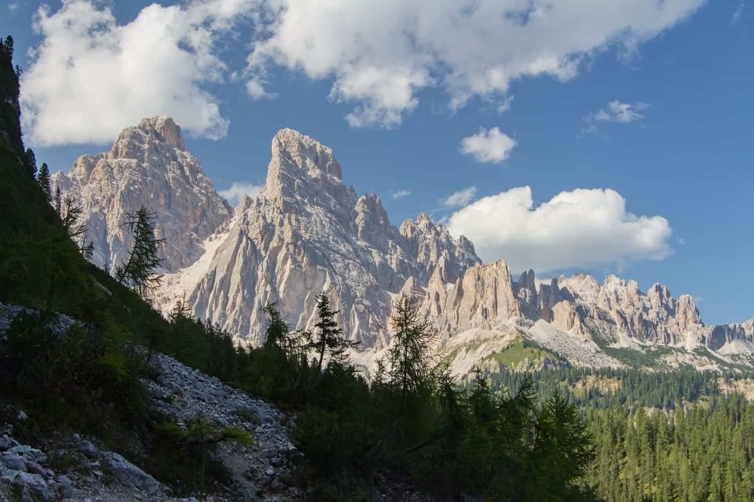 view from lago sorapis hike in august in the dolomites with very pale mountains