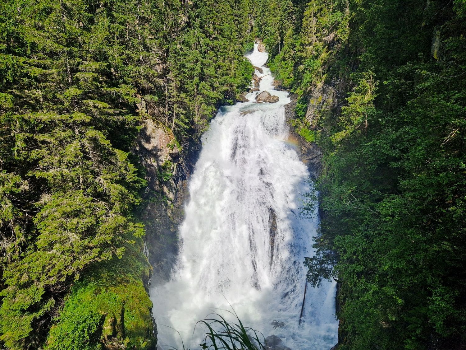 cascate di riva in the dolomites - a waterfall very full of water in between trees. there's a bit of a rainbow visible.