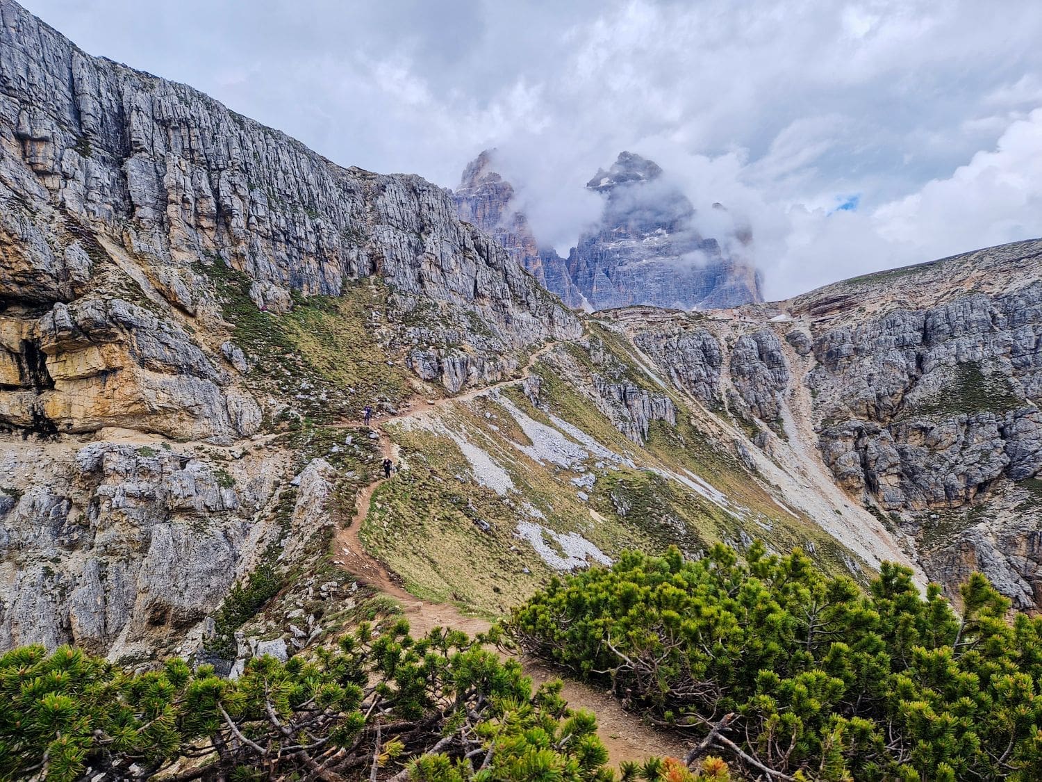 A scenic view of a mountainous landscape with a rugged trail winding through the rocky terrain. The sky above is partly cloudy, and the towering peaks in the background are partially obscured by mist. Dense, green bushes are visible in the foreground at the Cadini di Misurina viewpoint.