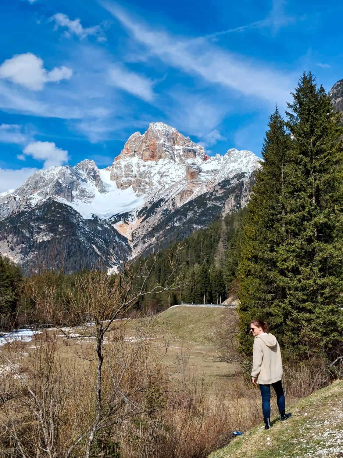 A person stands on a grassy hill, wearing a light jacket, gazing at a mountainous landscape. Snow-capped peaks rise under a partly cloudy blue sky, surrounded by pine trees. Some snow patches are visible on the ground.