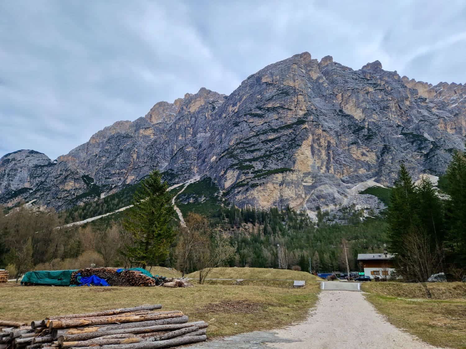 Mountain landscape with a rocky peak under a cloudy sky. Green forest covers the lower slopes. In the foreground, a dirt path leads past stacked logs and a covered pile, with a small cabin on the right.