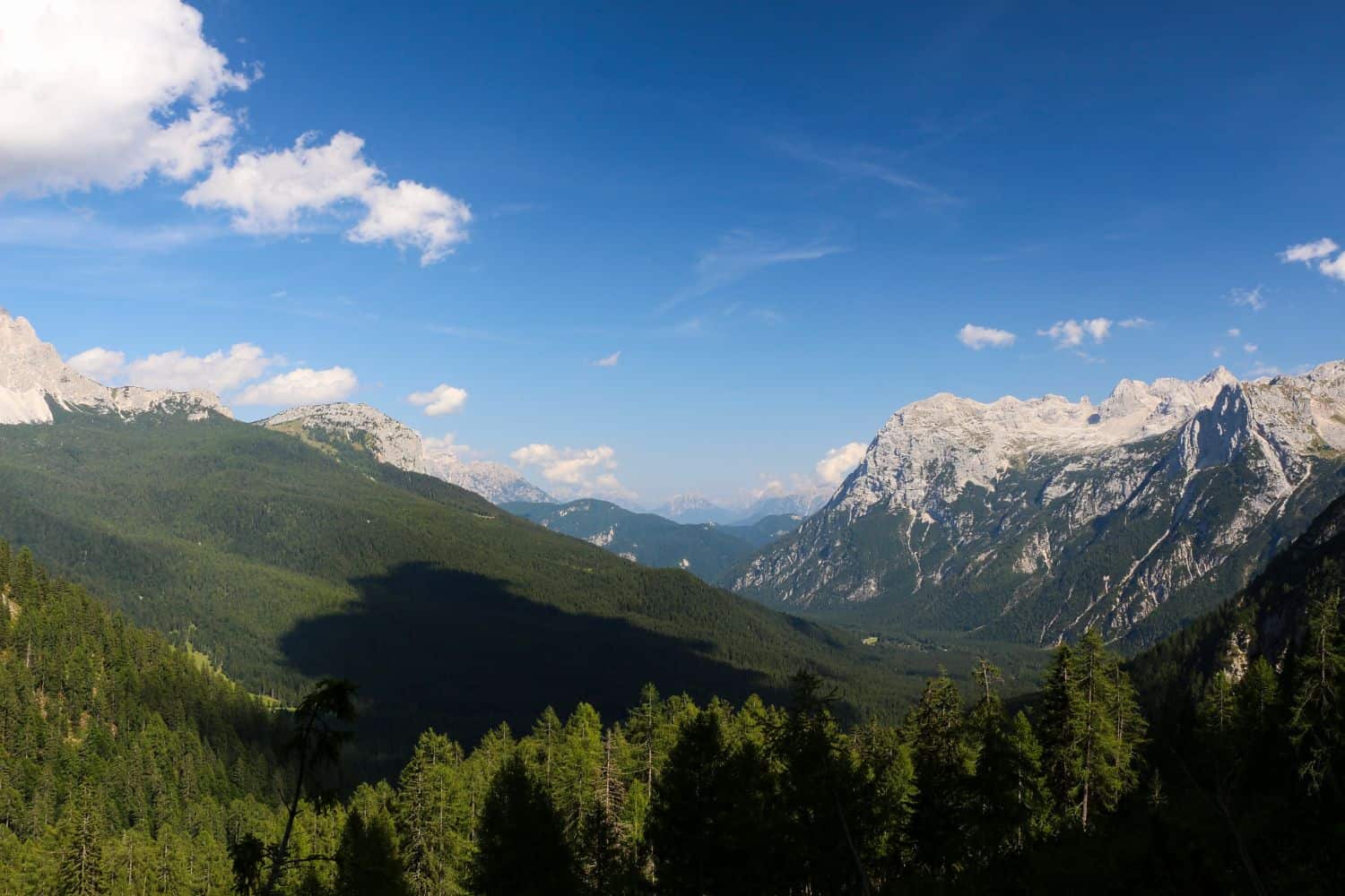 Lago di Sorapis Hike: Most Incredible Lake In The Dolomites 5 A panoramic view of a mountain landscape with lush green forests in the foreground. Snow-capped peaks and ridges are visible under a clear blue sky, dotted with a few fluffy clouds. The scene captures the serenity and vastness of the natural setting.