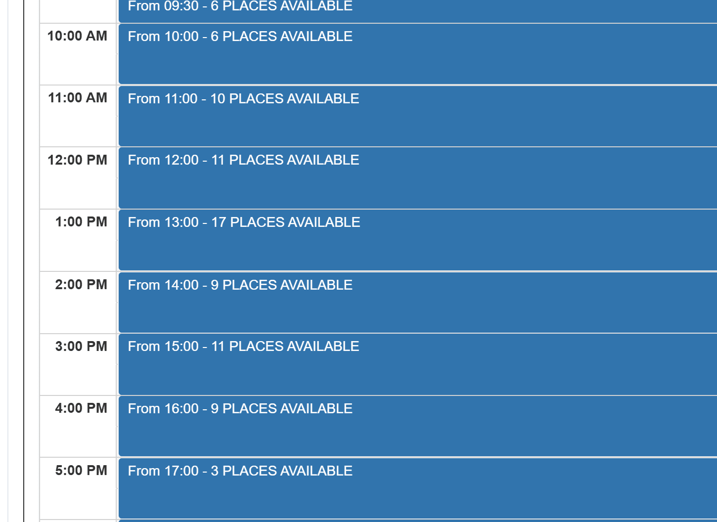 A schedule showing hourly time slots from 10:00 AM to 5:00 PM, each with different numbers of available places, ranging from 3 to 17 for each time slot.
