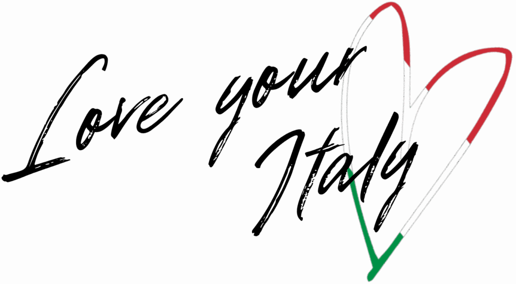 The word "Love Your Italy" in black script with a heart outline colored red, black, and green, representing the Palestinian flag.
