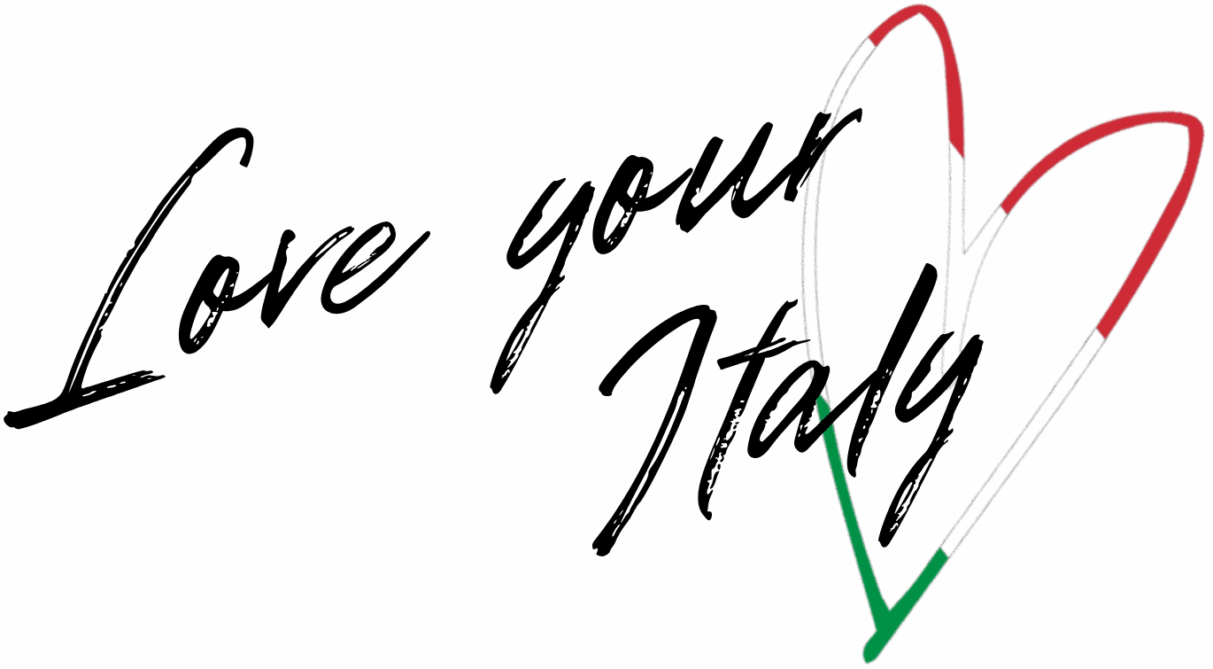 The word "Love Your Italy" in black script with a heart outline colored red, black, and green, representing the Palestinian flag.