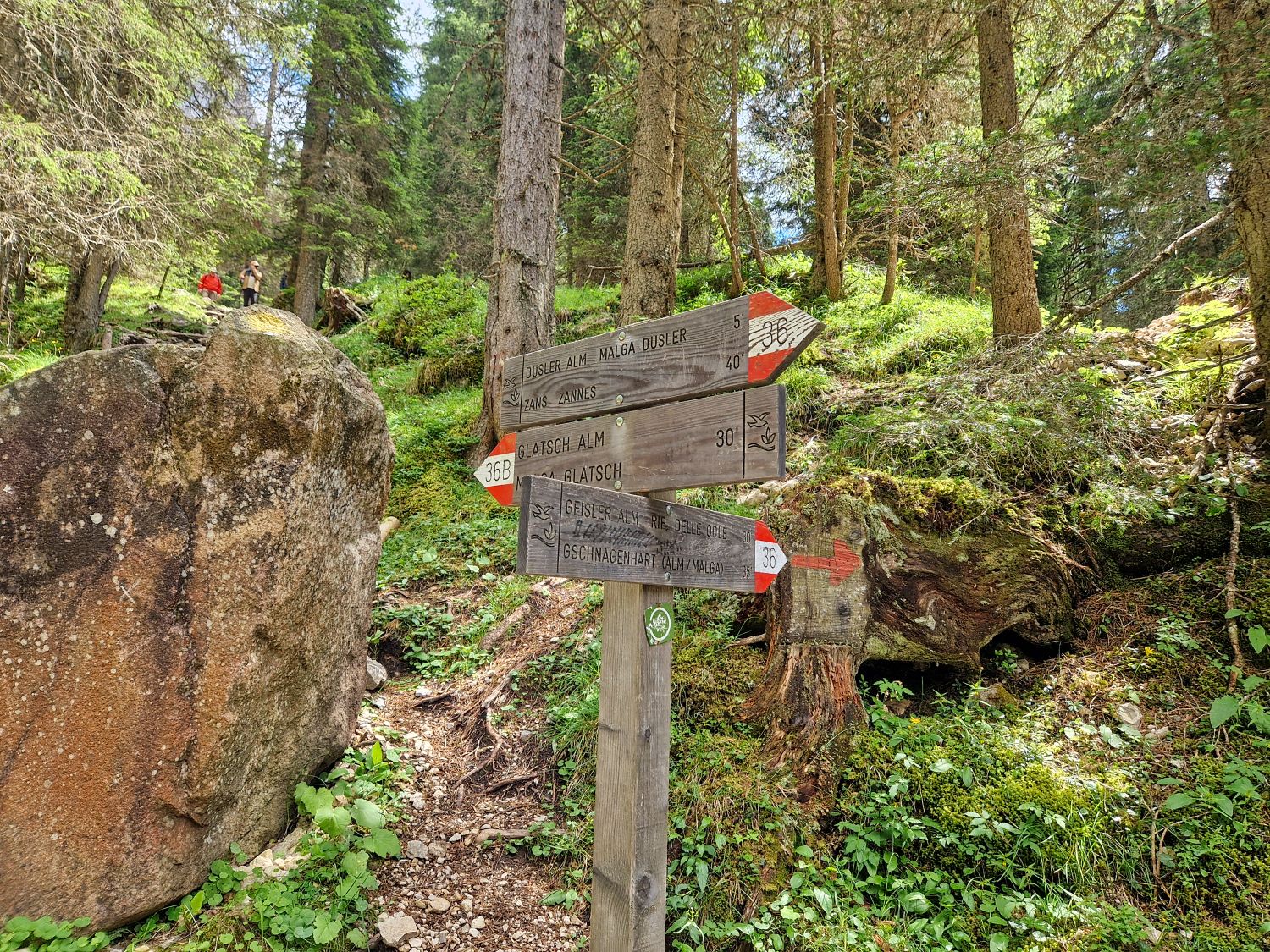 A wooden trail signpost in a green forest shows directions to various hiking routes. Mossy rocks and trees surround the sign, and a couple of hikers can be seen in the background on the left.