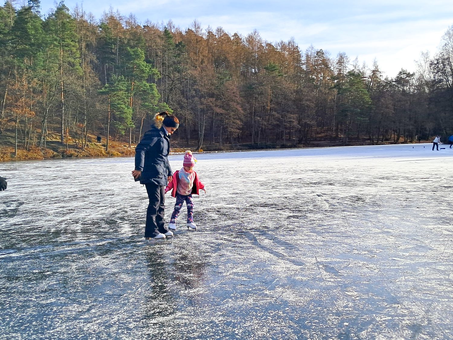 An adult and a child, both bundled up in winter clothes, hold hands while ice skating on a frozen lake surrounded by trees under a clear sky.