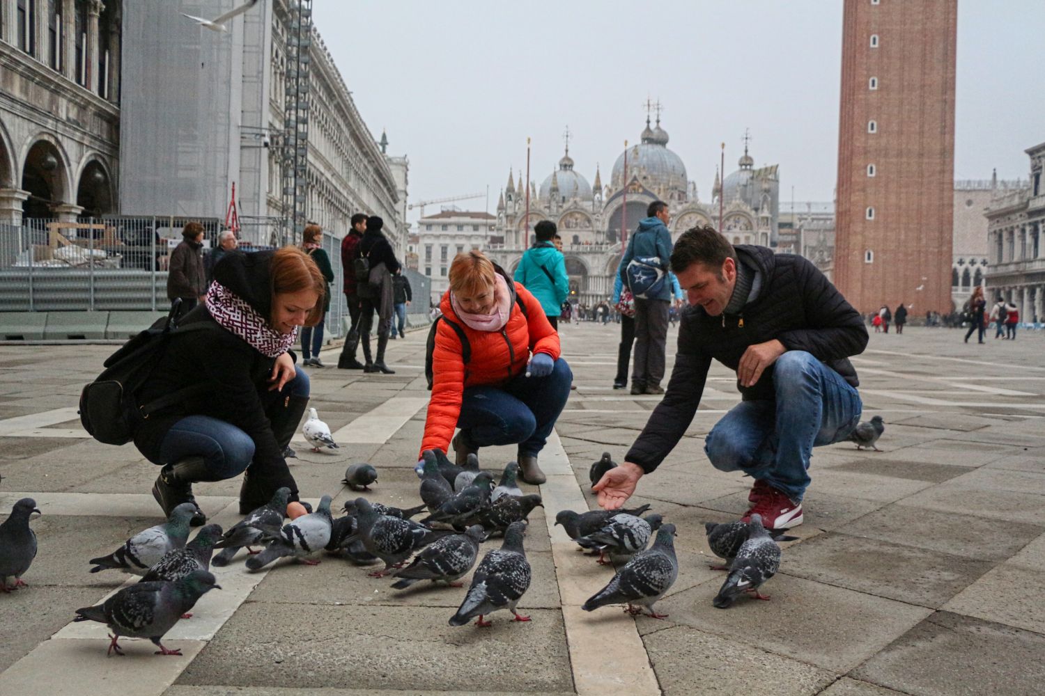 Three people crouch on a stone plaza feeding pigeons, with historic buildings and a tall bell tower in the background. Other people and more pigeons are visible around them.